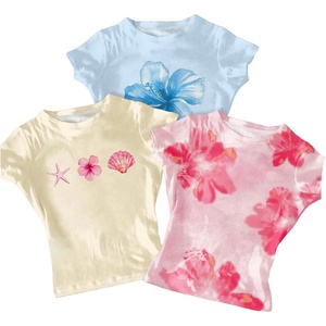 image:imageRoseSeek Girls Shirts 3 Packs Graphic Tees Vacation Hibiscus Top Crewneck Short Sleeve Cute Tops Summer Slim Fit T ShirtFloral Yellow Blue Pink
