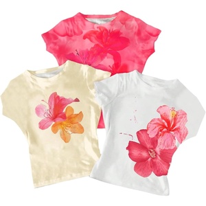 image:imageRoseSeek Girls Shirts 3 Packs Graphic Tees Vacation Hibiscus Top Crewneck Short Sleeve Cute Tops Summer Slim Fit T ShirtHot Pink Beige White