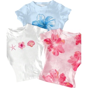 image:imageRoseSeek Girls Shirts 3 Packs Graphic Tees Vacation Hibiscus Top Crewneck Short Sleeve Cute Tops Summer Slim Fit T ShirtPink Blue White