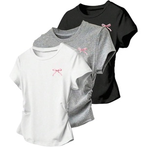 image:imageRoseSeek Girls Shirts 3 Packs Graphic Tees Vacation Hibiscus Top Crewneck Short Sleeve Cute Tops Summer Slim Fit T ShirtPure White Grey Black