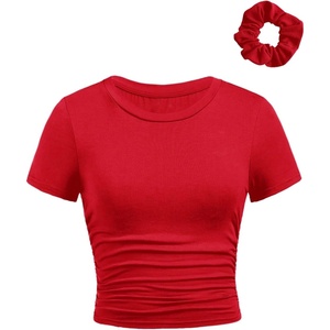 image:imageRoseSeek Girls Short Sleeve Ruched Tee Tops Basic Crew Neck Slim Fit T Shirts with Hair TiesRed