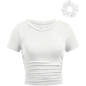 image:imageRoseSeek Girls Short Sleeve Ruched Tee Tops Basic Crew Neck Slim Fit T Shirts with Hair TiesWhite