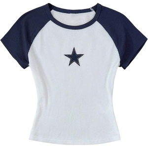 image:imageRoseSeek Girls Star Patchwork Color Block Crop Tops Short Sleeve Crew Neck Ribbed T ShirtsBlue