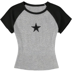 image:imageRoseSeek Girls Star Patchwork Color Block Crop Tops Short Sleeve Crew Neck Ribbed T ShirtsLight Grey