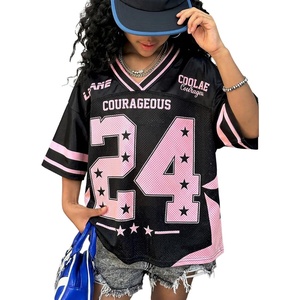 image:imageRoseSeek Girls Y2K Mesh Oversized Jersey Tops Number Star Graphic Tees Vintage V Neck T ShirtsBlack and Pink