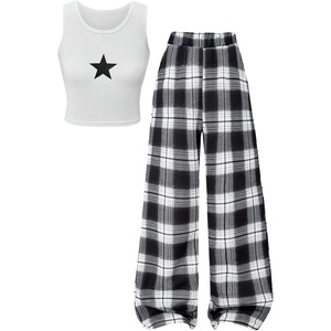 image:imageRoseSeek Girls Y2K Outfits 2 Piece Star Graphic Tank Tops and Plaid Wide Leg Pants Clothing SetsBlack and White