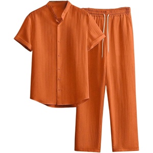image:imageRoseSeek Mens 2 Piece Beach Vacation Linen Outfits Button Down Short Sleeve Shirts and Straight Leg Pants SetOrange