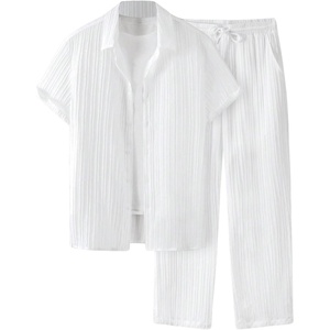 image:imageRoseSeek Mens 2 Piece Linen Sets Short Sleeve Button Down Shirts Drawstring High Waisted Pants Vacation OutfitsWhite