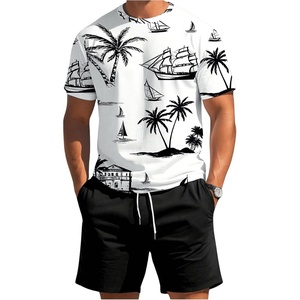 image:imageRoseSeek Mens 2 Piece Outfits Tropical Graphic Short Sleeve TShirt and Drawstring Waist Shorts SetsBlack and White