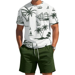 image:imageRoseSeek Mens 2 Piece Outfits Tropical Graphic Short Sleeve TShirt and Drawstring Waist Shorts SetsWhite and Green