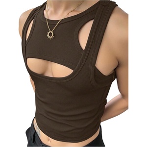 image:imageRoseSeek Mens 2 Piece Set Ribbed Knit Tank Top Fitted Cut Out Crop Tops Summer Undershirts Club WearCoffee Brown