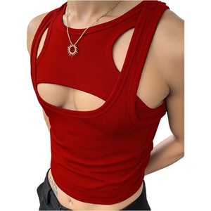 image:imageRoseSeek Mens 2 Piece Set Ribbed Knit Tank Top Fitted Cut Out Crop Tops Summer Undershirts Club WearRed