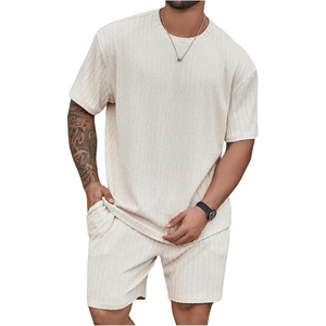 image:imageRoseSeek Mens Big and Tall 2 Piece Summer Outfits Textured Drop Shoulder T Shirt and Short Sets TracksuitApricot White