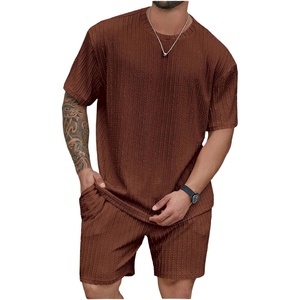 image:imageRoseSeek Mens Big and Tall 2 Piece Summer Outfits Textured Drop Shoulder T Shirt and Short Sets TracksuitBrown