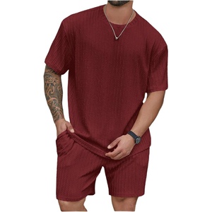 image:imageRoseSeek Mens Big and Tall 2 Piece Summer Outfits Textured Drop Shoulder T Shirt and Short Sets TracksuitBurgundy