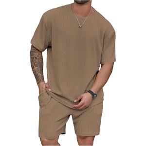 image:imageRoseSeek Mens Big and Tall 2 Piece Summer Outfits Textured Drop Shoulder T Shirt and Short Sets TracksuitDark Apricot