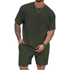 image:imageRoseSeek Mens Big and Tall 2 Piece Summer Outfits Textured Drop Shoulder T Shirt and Short Sets TracksuitDark Green