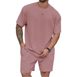 image:imageRoseSeek Mens Big and Tall 2 Piece Summer Outfits Textured Drop Shoulder T Shirt and Short Sets TracksuitDark Pink