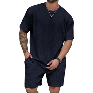 image:imageRoseSeek Mens Big and Tall 2 Piece Summer Outfits Textured Drop Shoulder T Shirt and Short Sets TracksuitDeep Blue