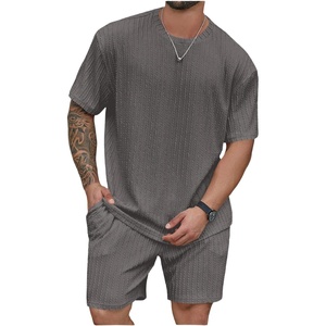 image:imageRoseSeek Mens Big and Tall 2 Piece Summer Outfits Textured Drop Shoulder T Shirt and Short Sets TracksuitDeep Grey
