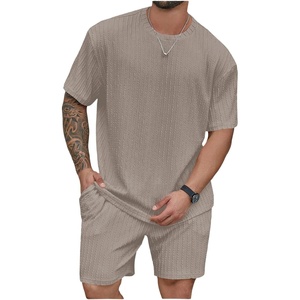 image:imageRoseSeek Mens Big and Tall 2 Piece Summer Outfits Textured Drop Shoulder T Shirt and Short Sets TracksuitLight Grey