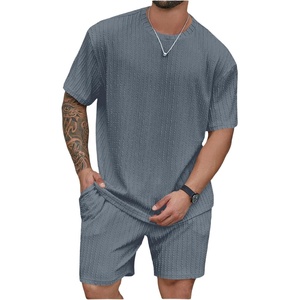 image:imageRoseSeek Mens Big and Tall 2 Piece Summer Outfits Textured Drop Shoulder T Shirt and Short Sets TracksuitMedium Blue