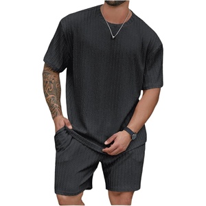 image:imageRoseSeek Mens Big and Tall 2 Piece Summer Outfits Textured Drop Shoulder T Shirt and Short Sets TracksuitMedium Dark Grey