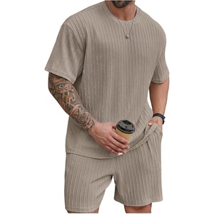 image:imageRoseSeek Mens Big and Tall 2 Piece Summer Outfits Textured Drop Shoulder T Shirt and Short Sets TracksuitMedium Grey