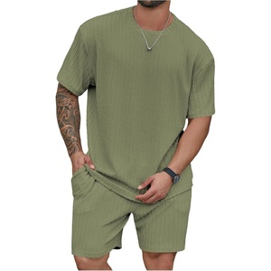 image:imageRoseSeek Mens Big and Tall 2 Piece Summer Outfits Textured Drop Shoulder T Shirt and Short Sets TracksuitOlive Green