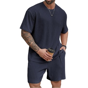 image:imageRoseSeek Mens Big and Tall 2 Piece Summer Outfits Textured Drop Shoulder T Shirt and Short Sets TracksuitPlus Deep Blue