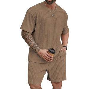 image:imageRoseSeek Mens Big and Tall 2 Piece Summer Outfits Textured Drop Shoulder T Shirt and Short Sets TracksuitPlus Khaki