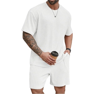 image:imageRoseSeek Mens Big and Tall 2 Piece Summer Outfits Textured Drop Shoulder T Shirt and Short Sets TracksuitPlus White