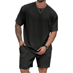 image:imageRoseSeek Mens Big and Tall 2 Piece Summer Outfits Textured Drop Shoulder T Shirt and Short Sets TracksuitSolid Black