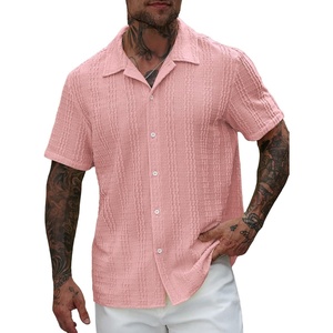 image:imageRoseSeek Mens Button Down Shirts Short Sleeve Textured Collared Casual Shirts Vacation Beach TopsPink