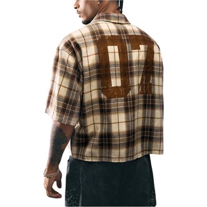 image:imageRoseSeek Mens Cropped Plaid Number Graphic Button Down Shirts Short Sleeve Retro Preppy Crop TopsMulticolor