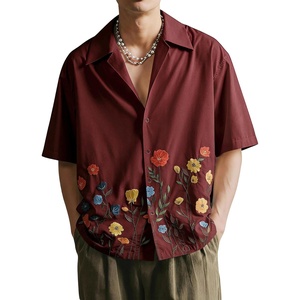 image:imageRoseSeek Mens Floral Button Down Shirts Short Sleeve Drop Shoulder Casual Hawaiian Summer Beach ShirtsBurgundy