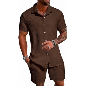 image:imageRoseSeek Mens Short Sets 2 Piece Outfits Button Down Linen Shirts and Short Sets Summer Beach OutfisBrown