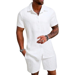 image:imageRoseSeek Mens Short Sets 2 Piece Outfits Button Down Linen Shirts and Short Sets Summer Beach OutfisPure White