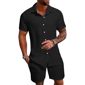 image:imageRoseSeek Mens Short Sets 2 Piece Outfits Button Down Linen Shirts and Short Sets Summer Beach OutfisSolid Black