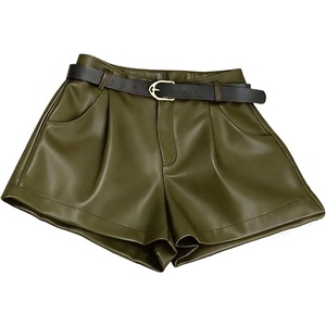 image:imageRoseSeek Womens A Line Leather Shorts Pleated Front High Waisted Wide Leg Mini Shorts Office WearArmy Green