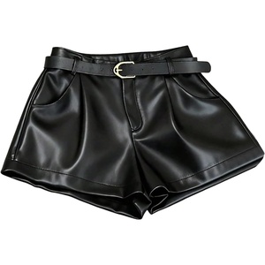 image:imageRoseSeek Womens A Line Leather Shorts Pleated Front High Waisted Wide Leg Mini Shorts Office WearBlack