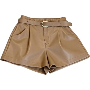 image:imageRoseSeek Womens A Line Leather Shorts Pleated Front High Waisted Wide Leg Mini Shorts Office WearKhaki