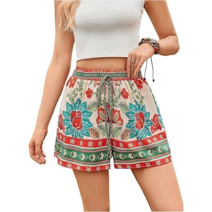image:imageRoseSeek Womens Boho Floral Summer Shorts High Waisted Wide Leg Tropical Holiday Vacation ShortsGreen Beige Red