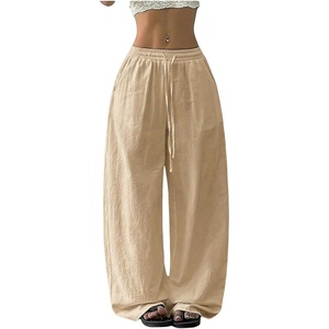 image:imageRoseSeek Womens Boho Wide Leg Linen Pants Drawstring Waist Casual Loose Trousers Vacation OutfitsApricot
