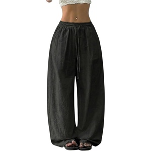 image:imageRoseSeek Womens Boho Wide Leg Linen Pants Drawstring Waist Casual Loose Trousers Vacation OutfitsPure Black