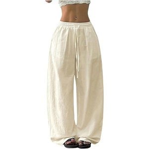 image:imageRoseSeek Womens Boho Wide Leg Linen Pants Drawstring Waist Casual Loose Trousers Vacation OutfitsWhite Beige