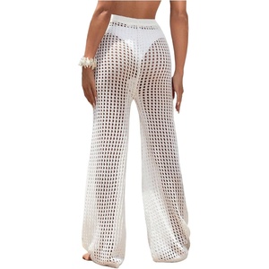 image:imageRoseSeek Womens Cover Up Beach Pants Hollow Out Drawstring High Elastic Waist Swimsuit Beach Cover Up PantsAll White