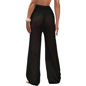 image:imageRoseSeek Womens Cover Up Beach Pants Hollow Out Drawstring High Elastic Waist Swimsuit Beach Cover Up PantsBlack
