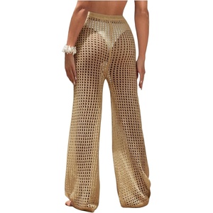 image:imageRoseSeek Womens Cover Up Beach Pants Hollow Out Drawstring High Elastic Waist Swimsuit Beach Cover Up PantsBrown