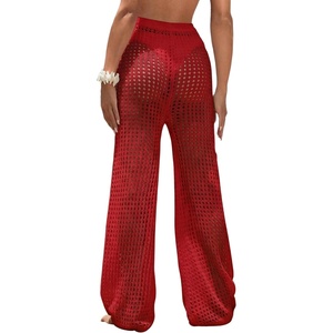 image:imageRoseSeek Womens Cover Up Beach Pants Hollow Out Drawstring High Elastic Waist Swimsuit Beach Cover Up PantsDeep Red